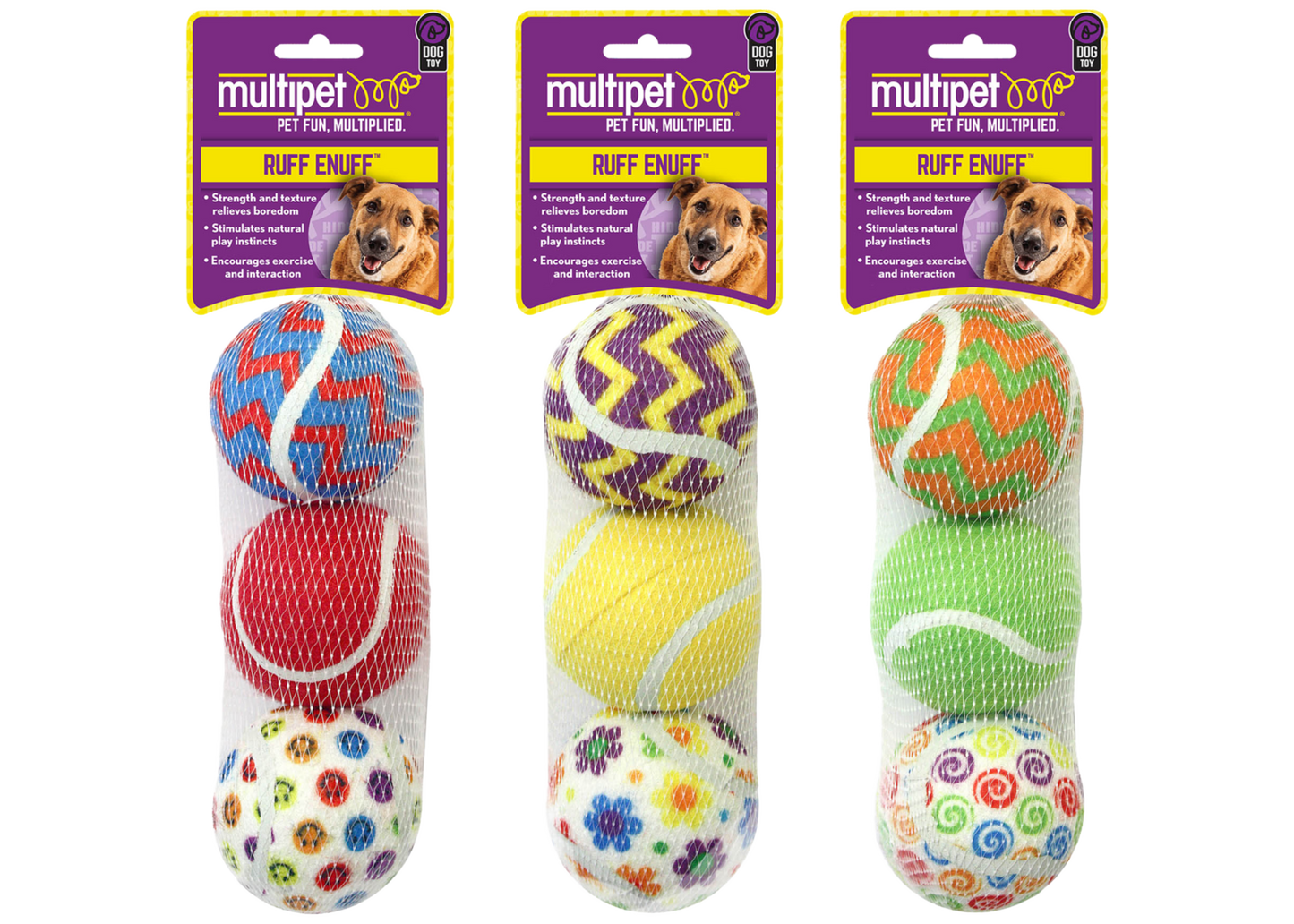 Multipet Tennis Ball 3 Pack Assorted Designs Interactive Dog - main product image