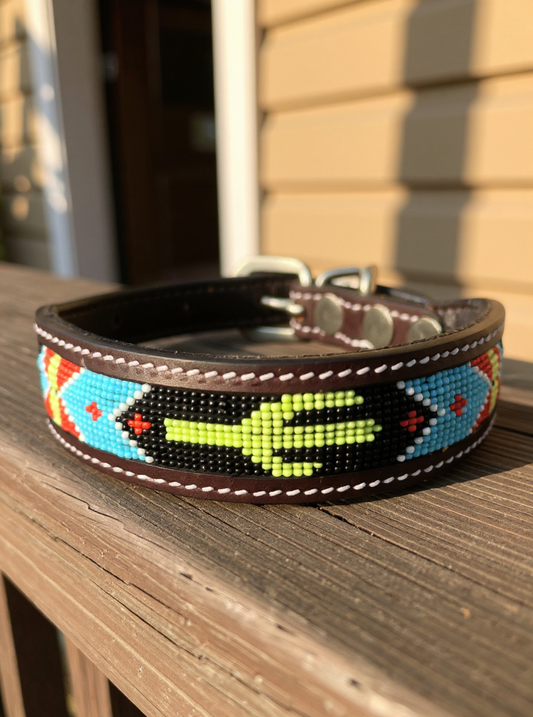 Epic Padded Leather Dog Collar with Cactus Beaded Design - detail view