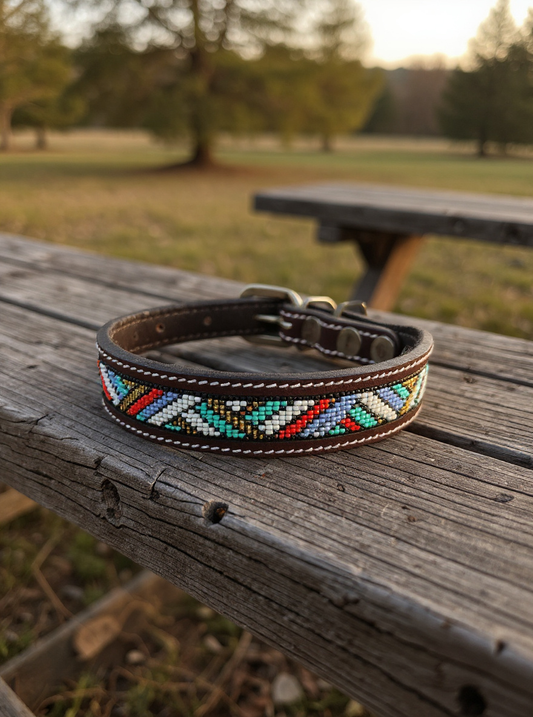 Epic Padded Leather Dog Collar with Beaded Design Dog Collar - detail view