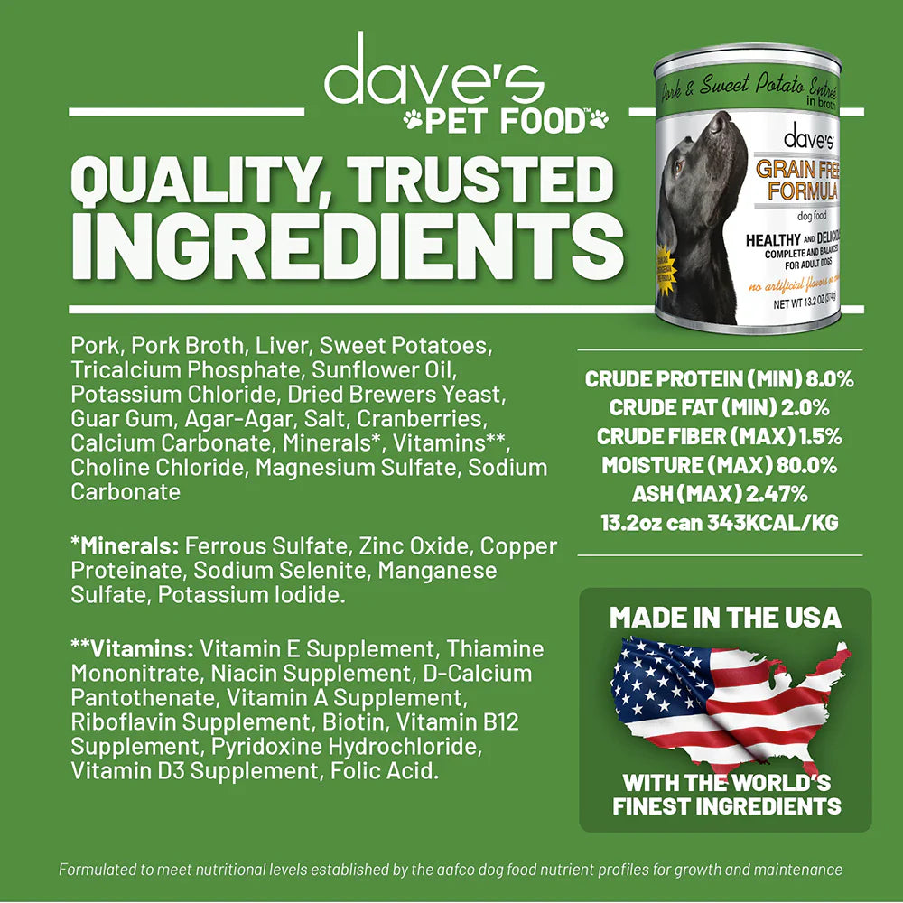 Daves Grain Free Pork Sweet Potato Entree For Dogs 13 2Oz - close up view