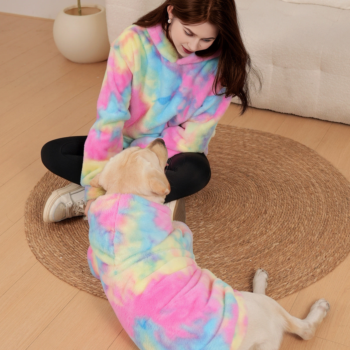 Pet Hoodie Tie Dye Rabbit Fur Rainbow-colored Dog Hoodie - lifestyle view