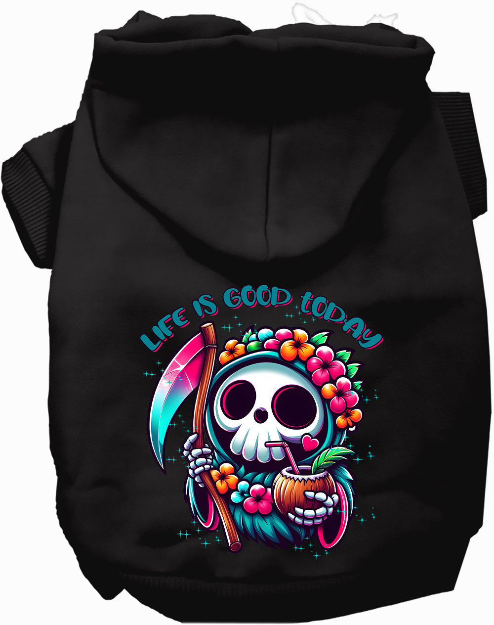 Dog Hoodie Tropical Grim Reaper for Unique Festive Pet Style - close up view