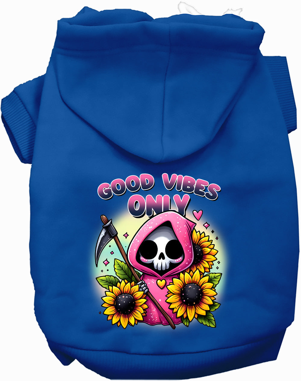 Dog Hoodie Sun Flowers and Scythes for Festive Flair Wear - close up view