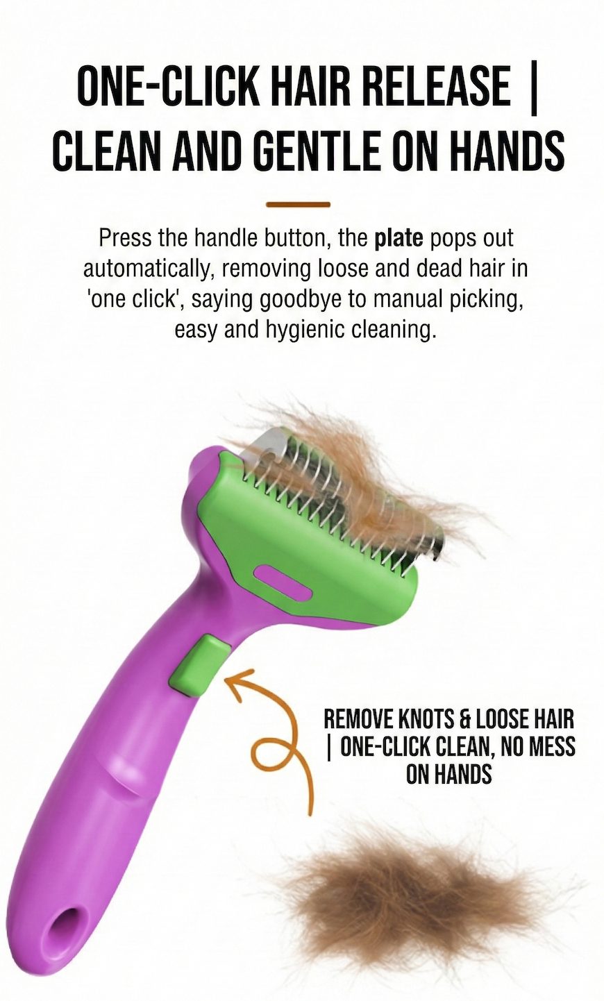 CalmCare Dematting Rake with One Click Fur Release - close up view