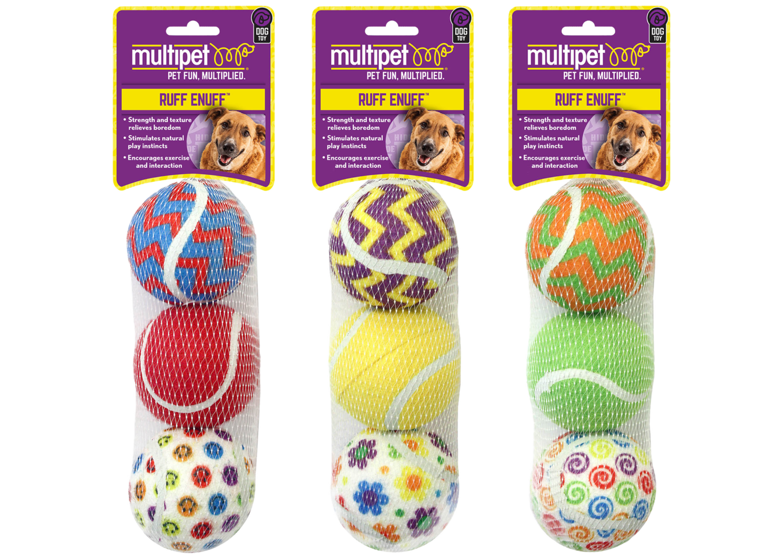 Multipet Tennis Ball 3 Pack Assorted Designs Interactive Dog - main product image
