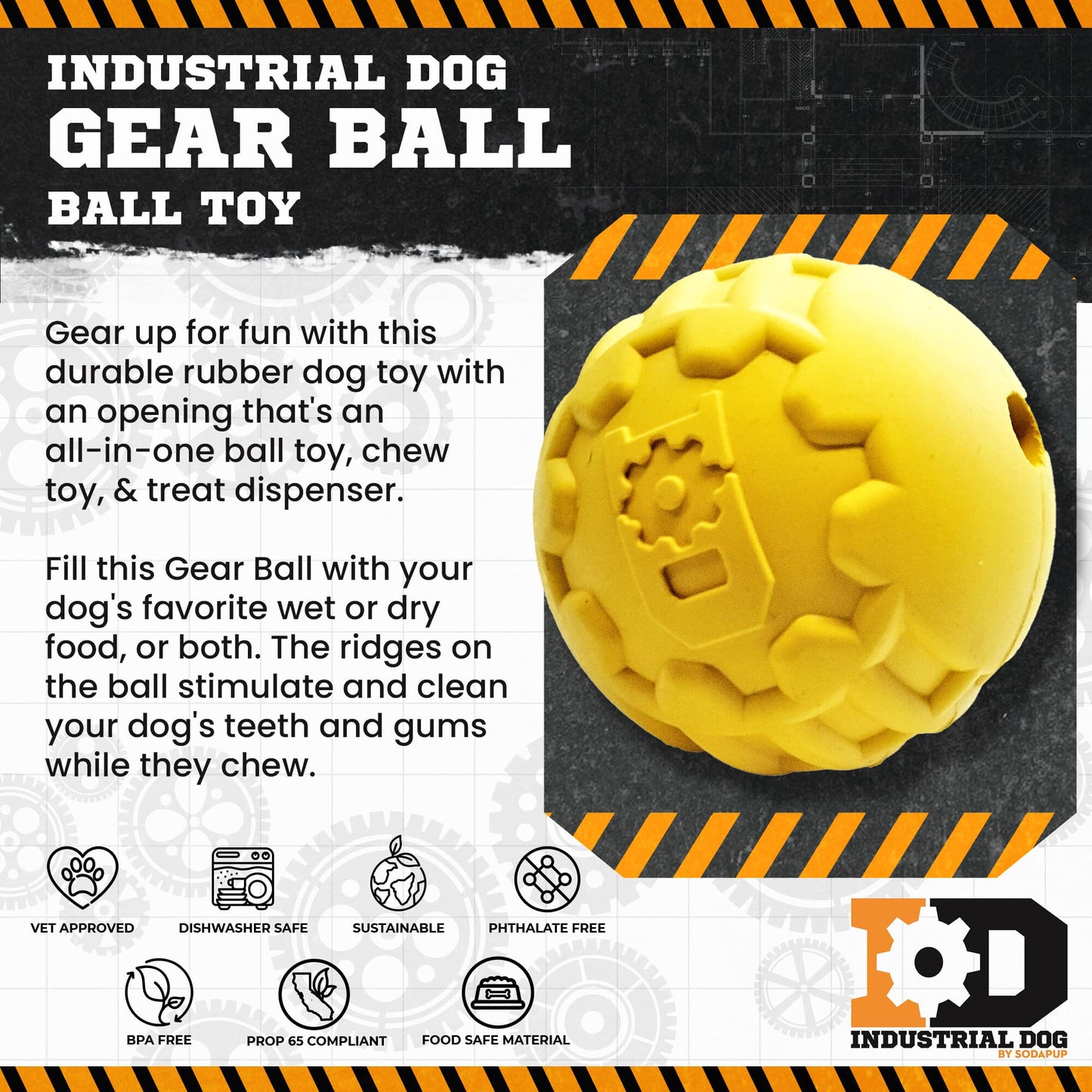 Dog Treat Toy Chew Enrichment Medium Yellow Durable Premium - detail view