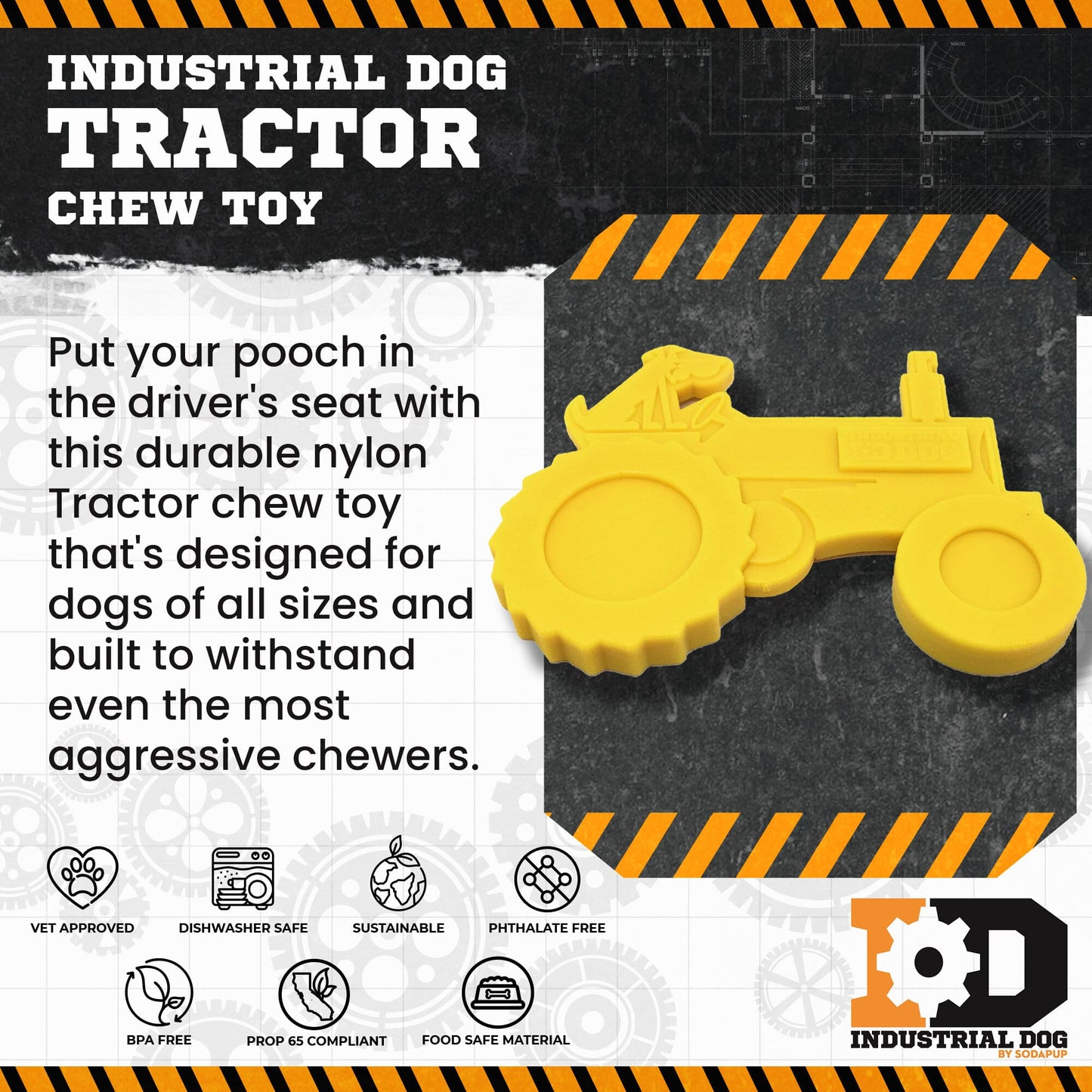 Tractor Nylon Dog Toy For Aggressive Chewers USA Made Dog - close up view