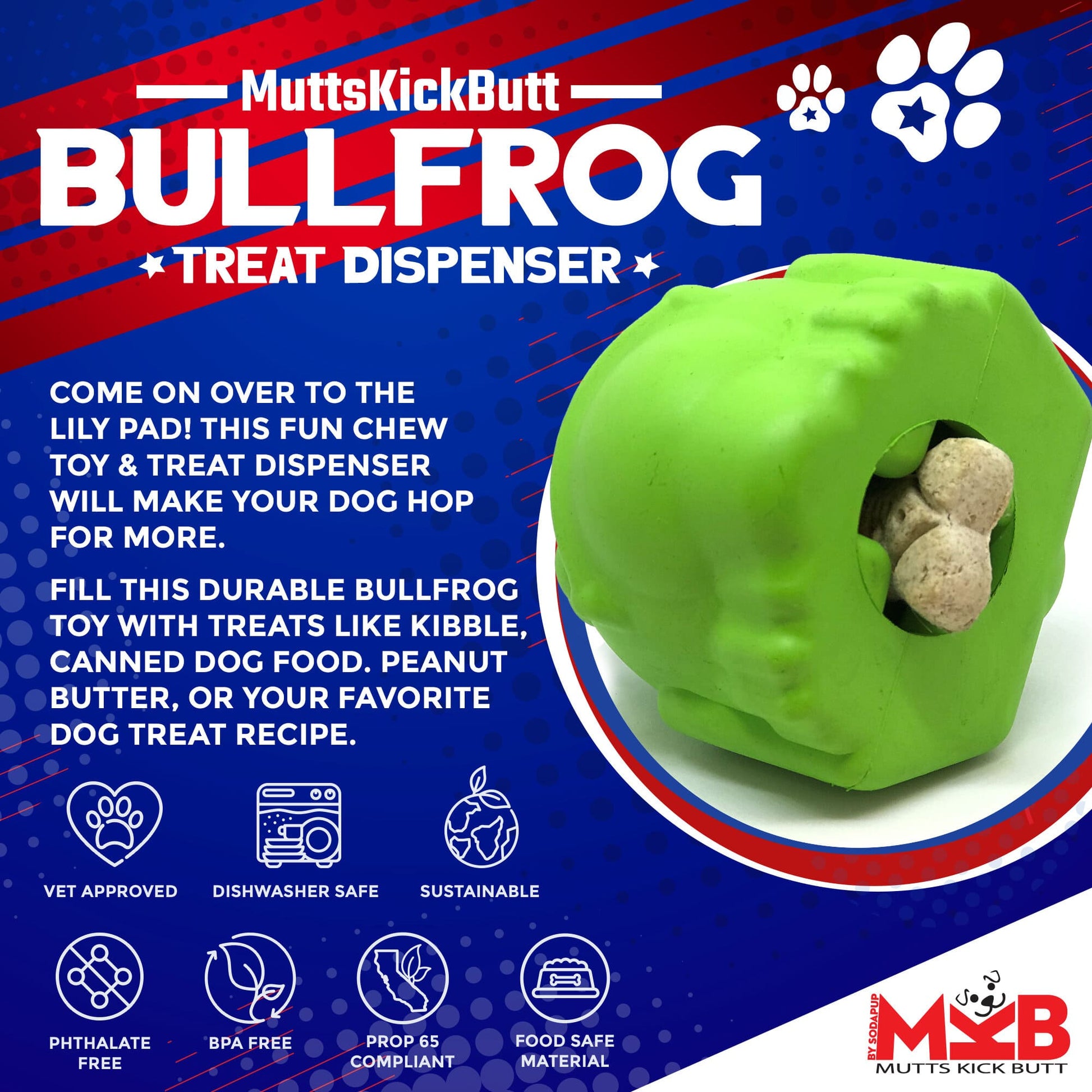 Bull Frog Dog Chew Toy Treat Dispenser USA Made Sodapup Dog - detail view