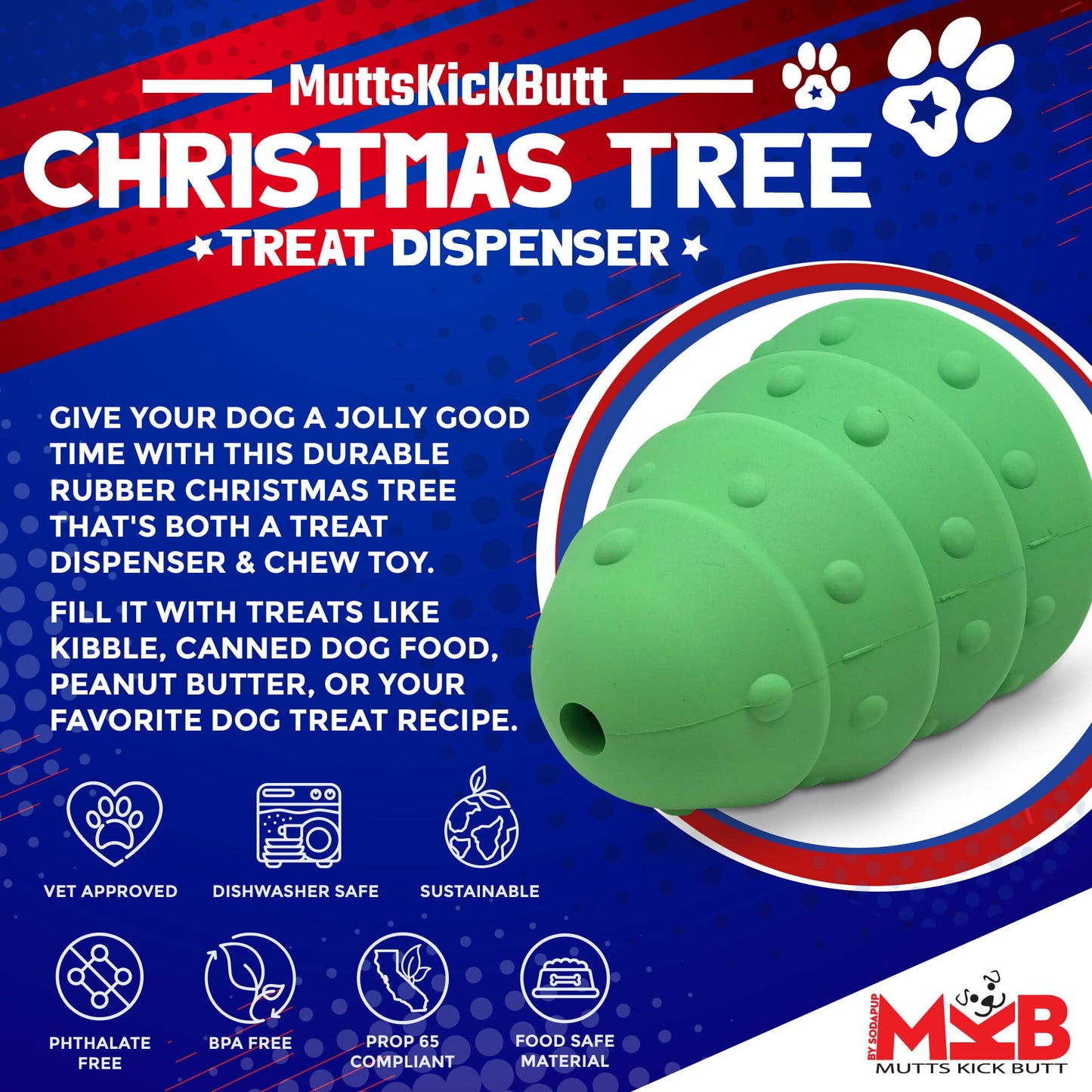 Christmas Tree Dog Toy Durable Rubber Chew Toy For Large USA - detail view