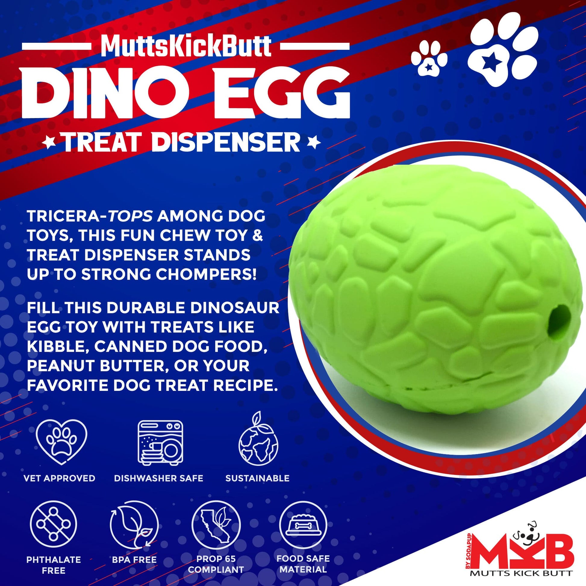 Dinosaur Egg Dog Chew Toy Treat Dispenser USA Made Sodapup - detail view
