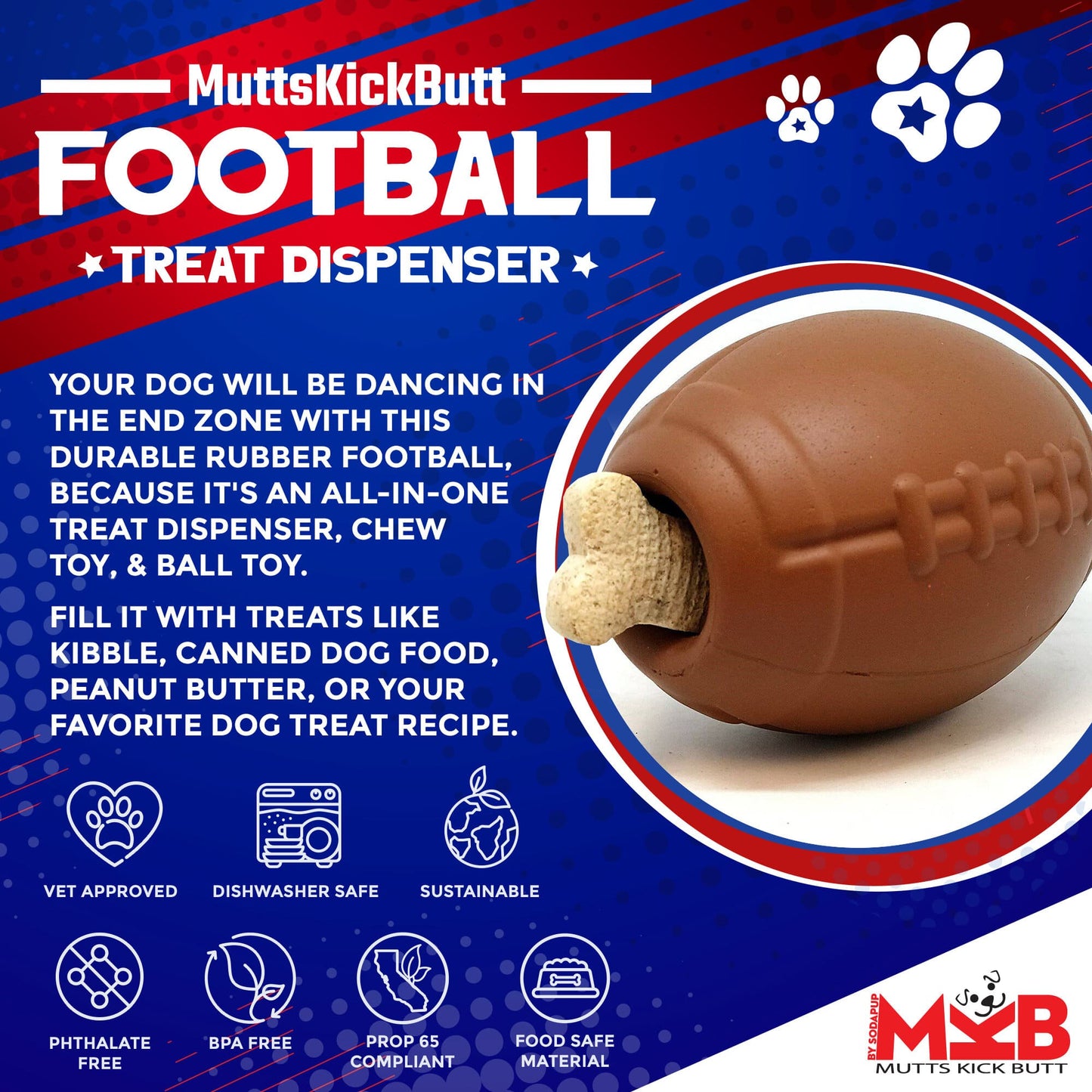 Football Dog Chew Toy & Treat Dispenser - USA Made | SodaPup - close up view