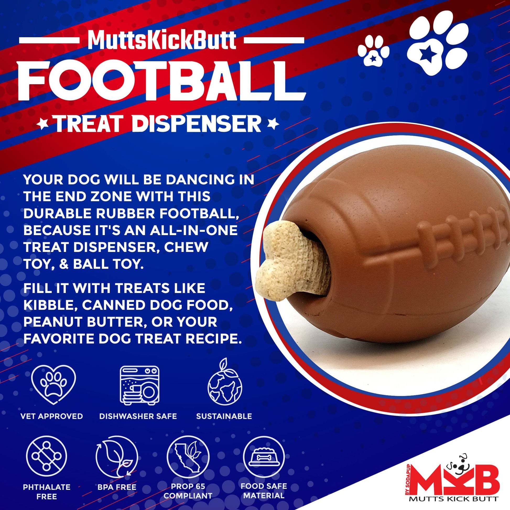 Football Dog Chew Toy & Treat Dispenser - USA Made | SodaPup - close up view