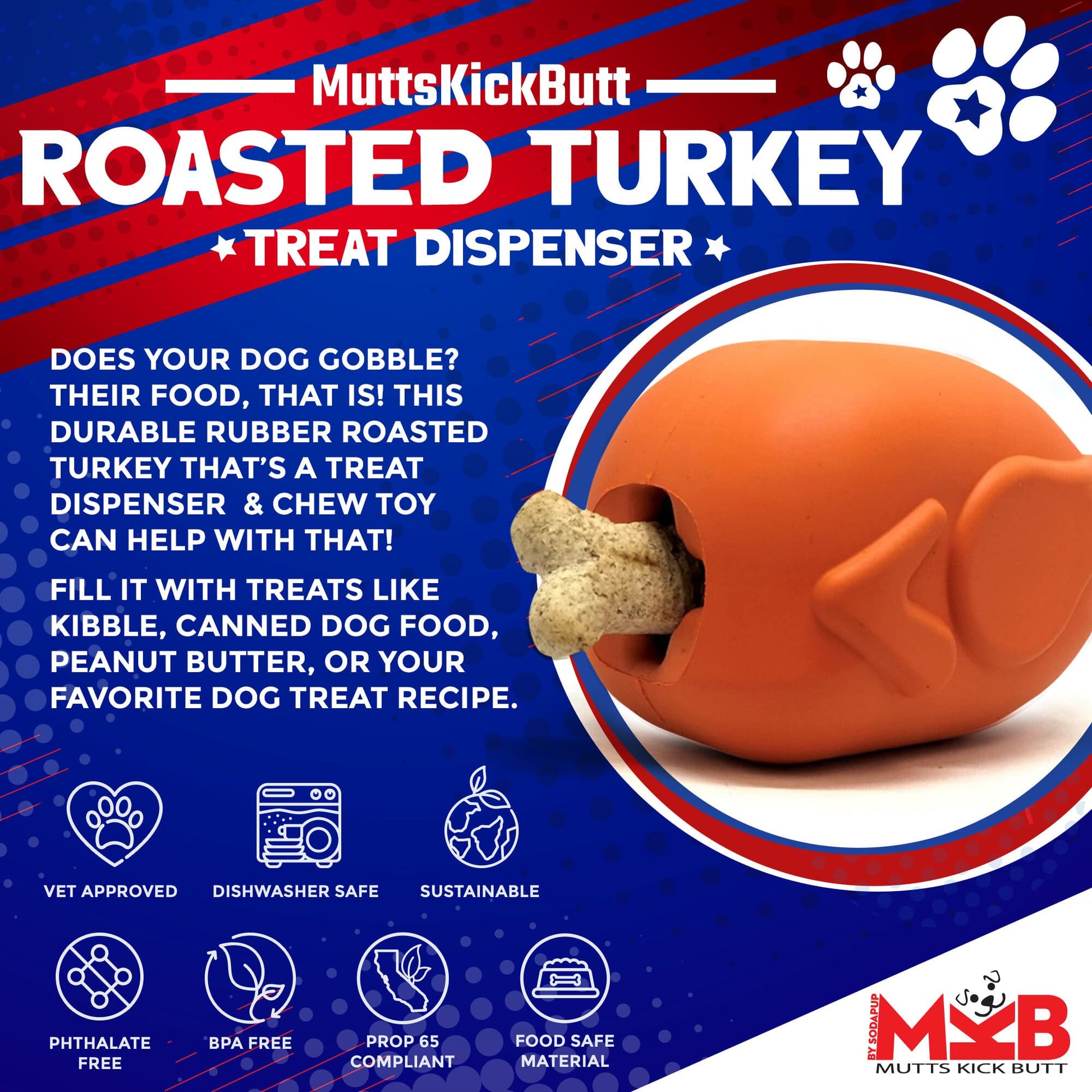 Roasted Turkey Dog Chew Toy Treat Dispenser USA Made Sodapup - detail view
