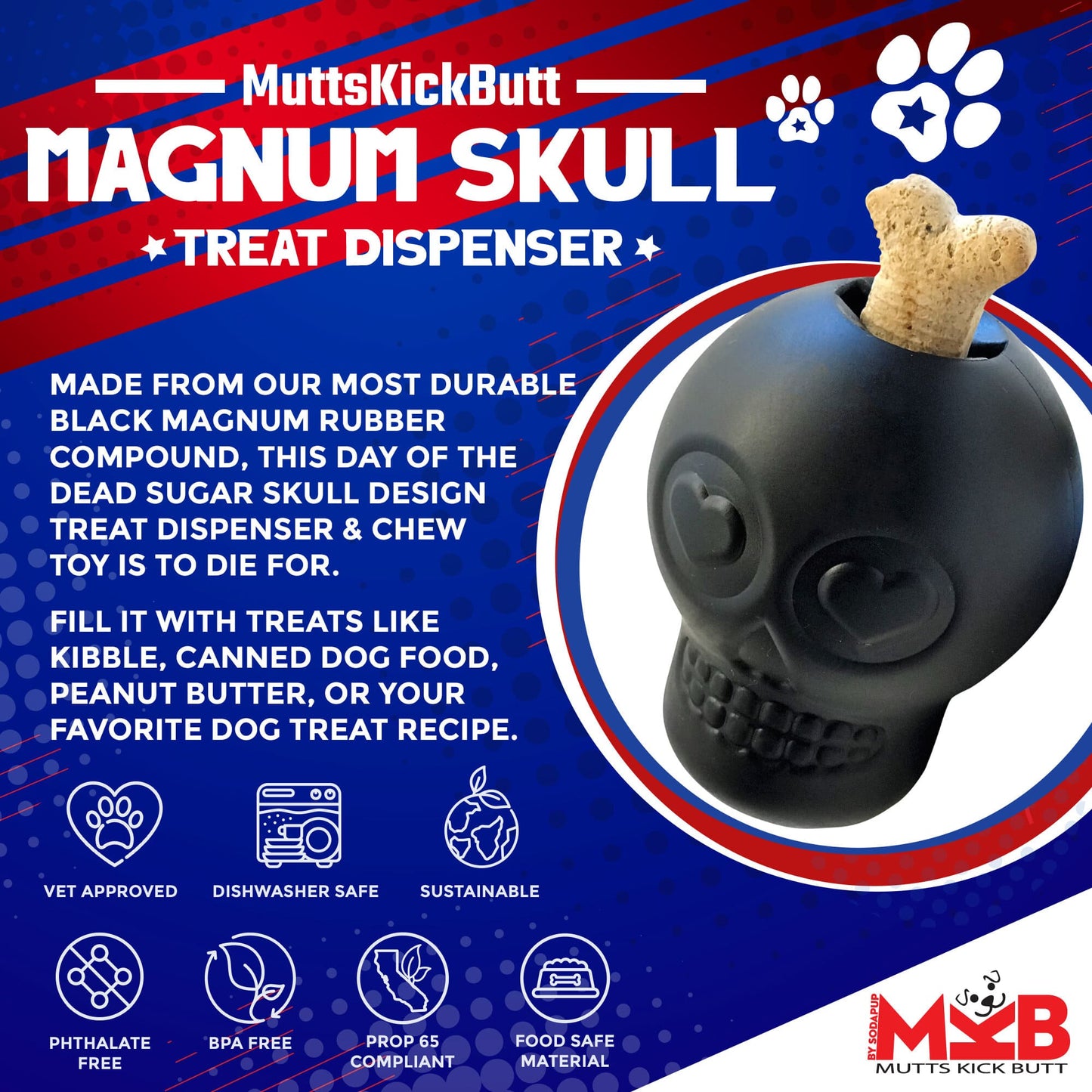 Magnum Sugar Skull Dog Chew Toy Treat Dispenser USA Made Dog - detail view