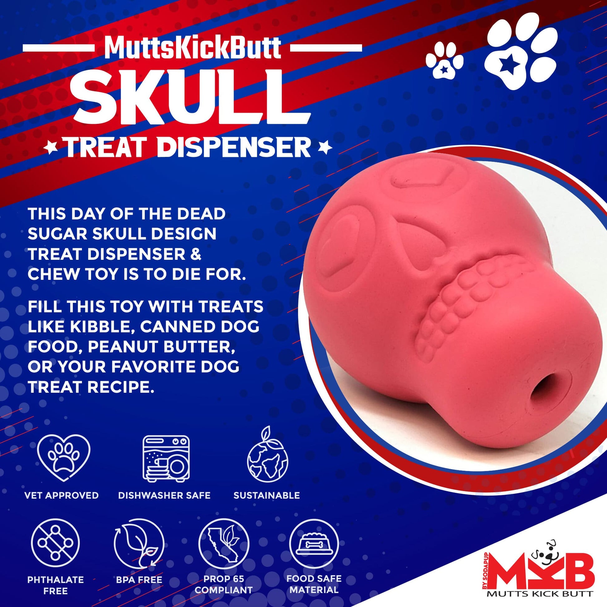 Sugar Skull Dog Chew Toy Treat Dispenser USA Made Sodapup - detail view