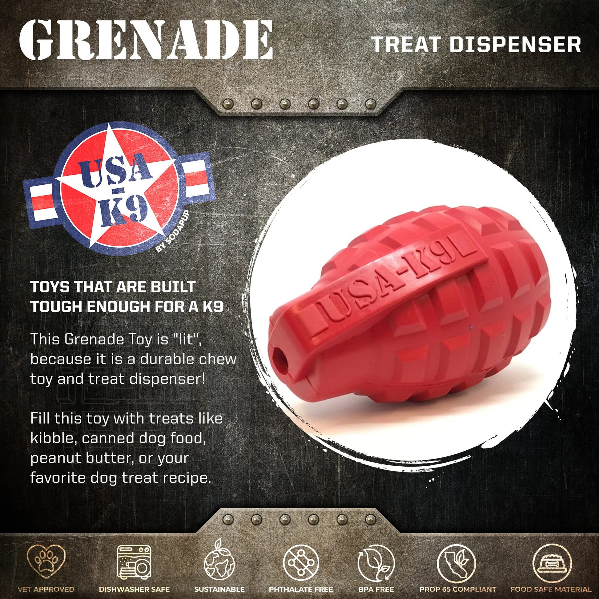 USA K9 Grenade Rubber Dog Chew Toy K9 Handler Edispenser Toy - lifestyle view