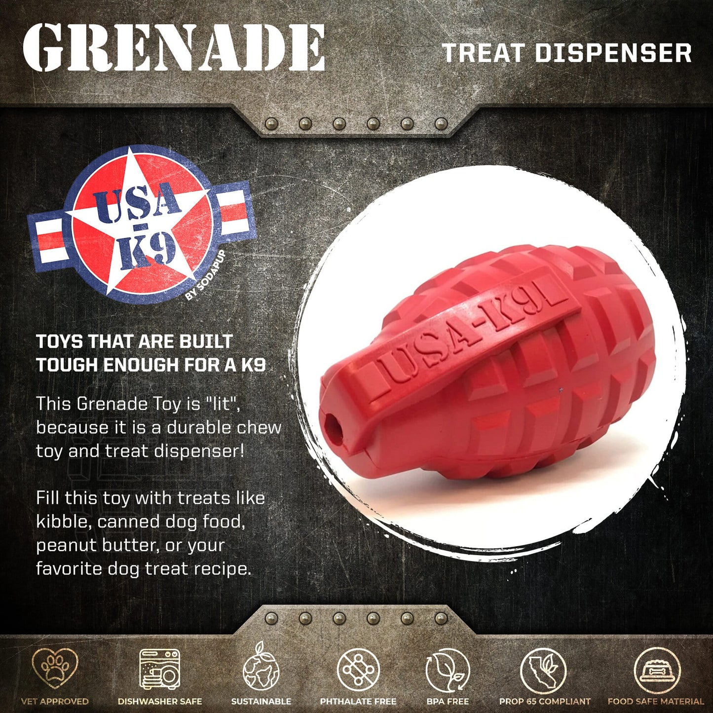 USA K9 Grenade Shaped Edispenser Durable Dog Chew To 42885 - lifestyle view