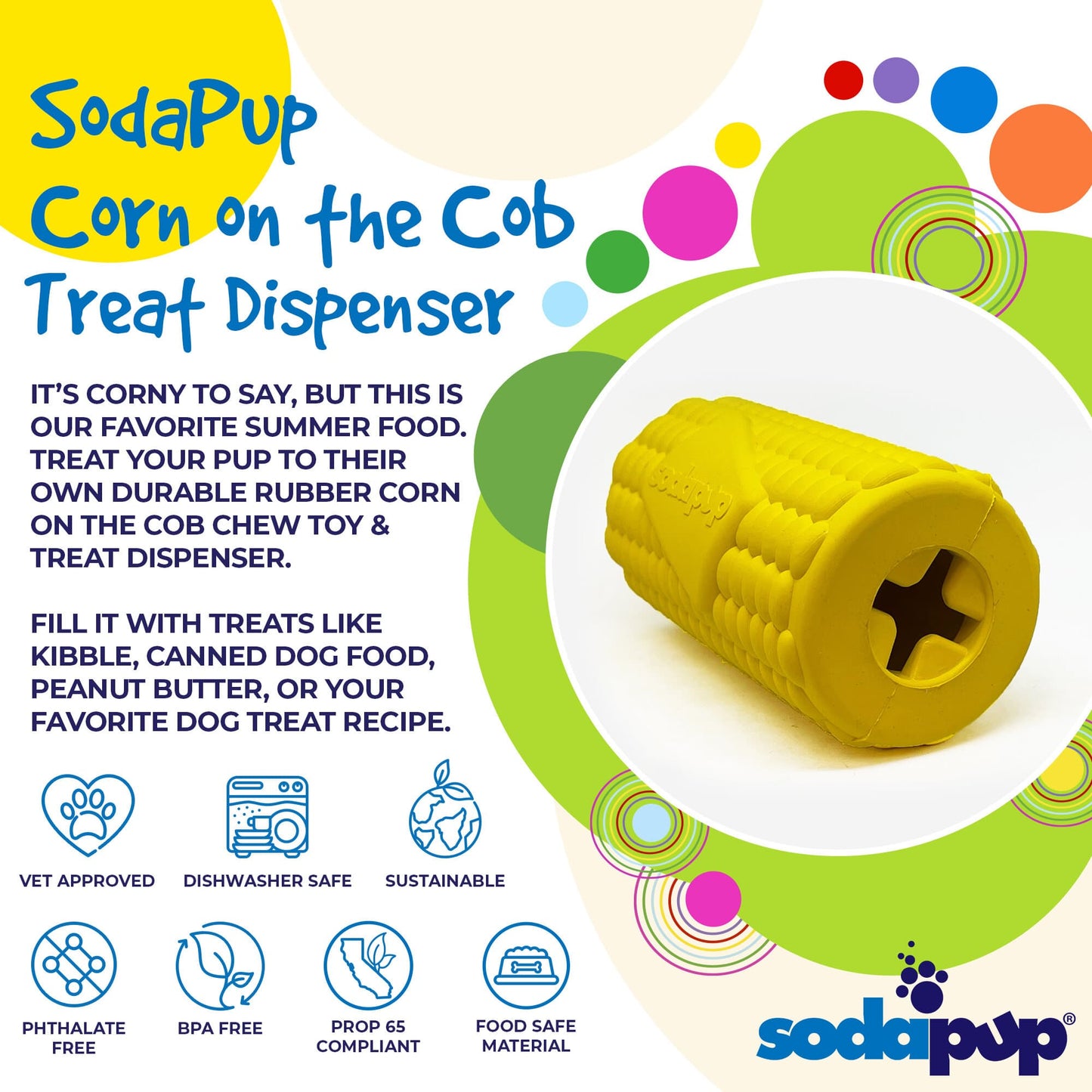 Corn On The Cob Dog Toy Durable Rubber Treat Dispenser USA - detail view