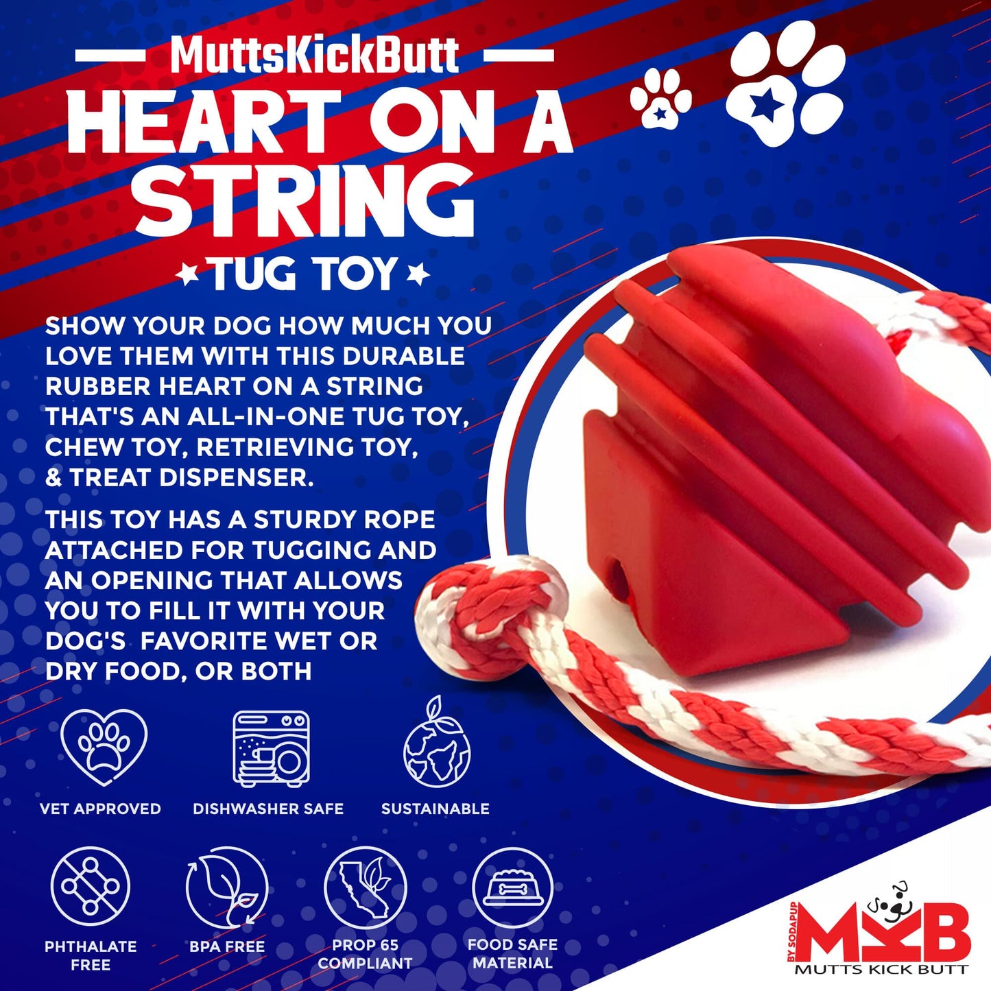 Heart On A String Dog Toy Durable Rubber Tug Toy For Large - detail view