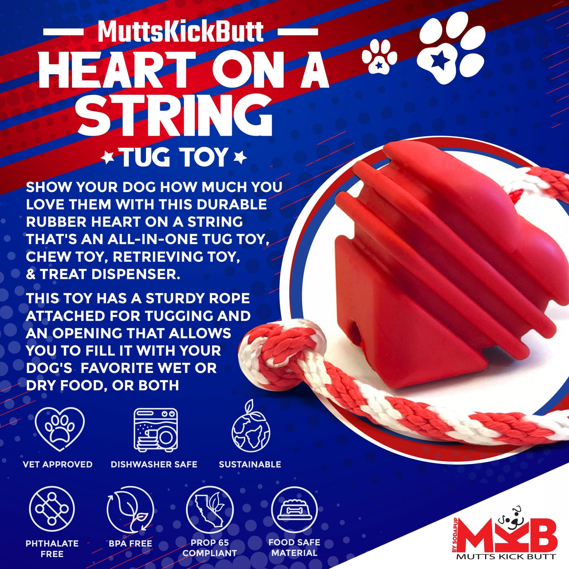 Heart On A String Dog Toy Durable Rubber Tug Toy For Large - detail view