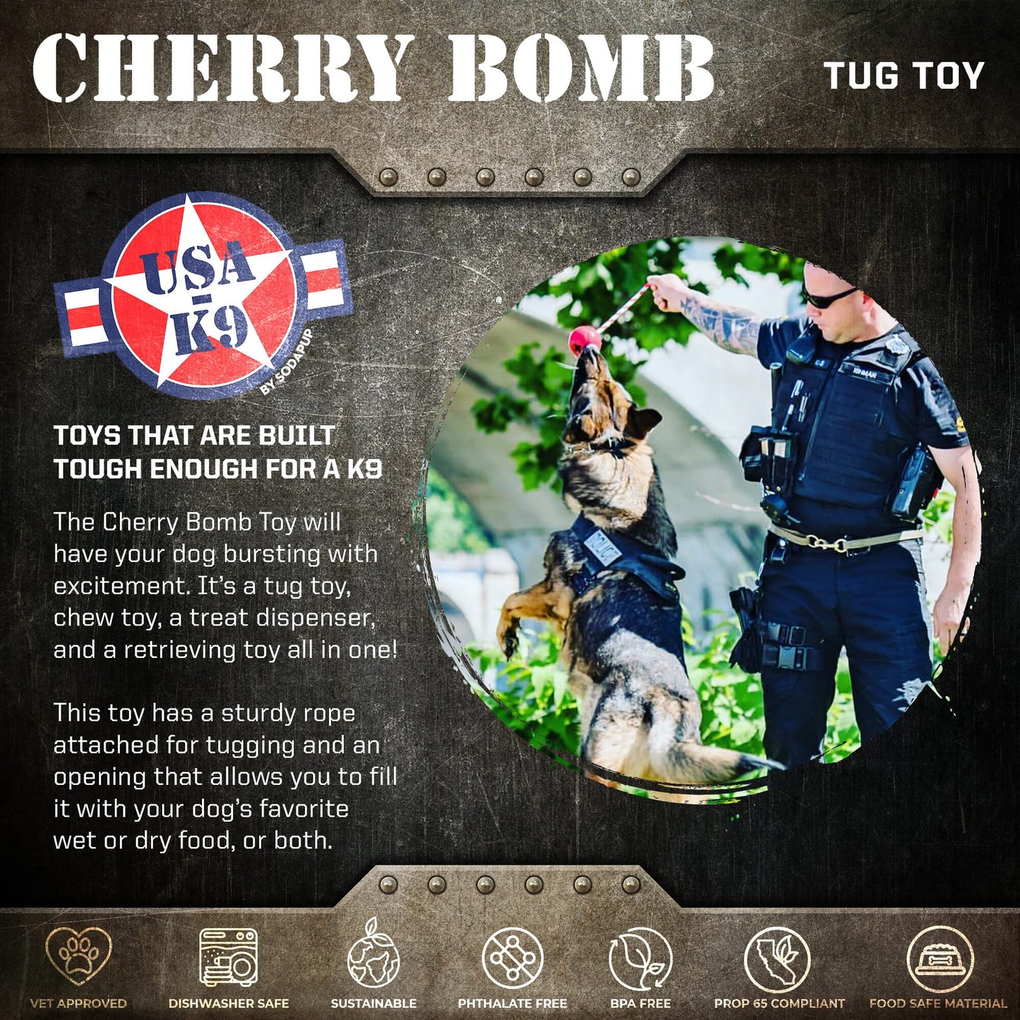 USA K9 Cherry Bomb Rubber Dog Chew Toy K9 Handler Reward Toy - detail view