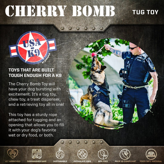 USA K9 Cherry Bomb Rubber Dog Chew Toy K9 Handler Reward Toy - detail view