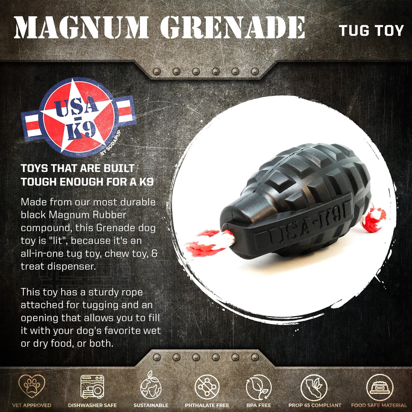USA K9 Magnum Grenade Black Magnum Rubber Chew Toy For USA - detail view
