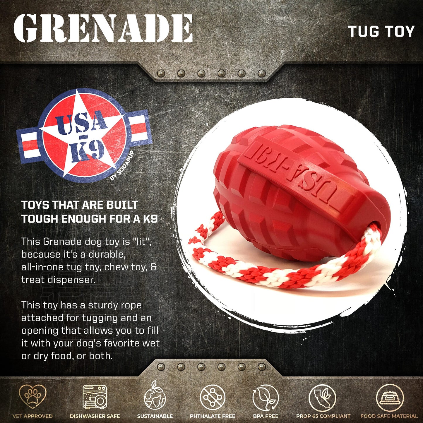 USA K9 Grenade Rubber Dog Chew Toy K9 Handler Reward Toy USA - detail view