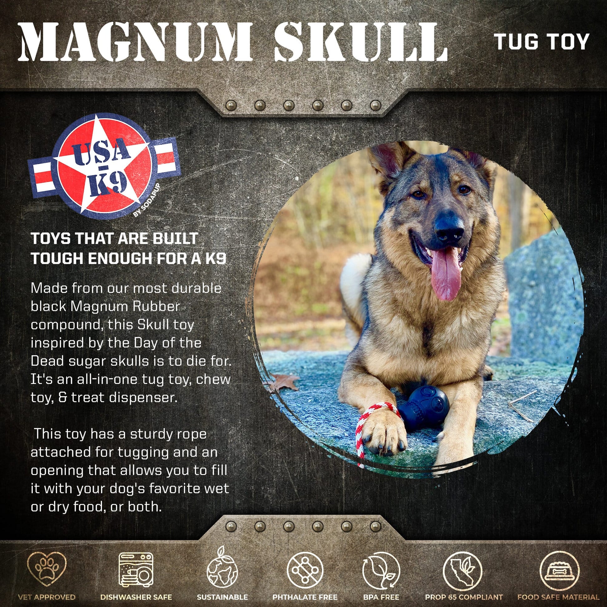 USA K9 Magnum Skull Black Magnum Rubber Chew Toy For Extreme - detail view