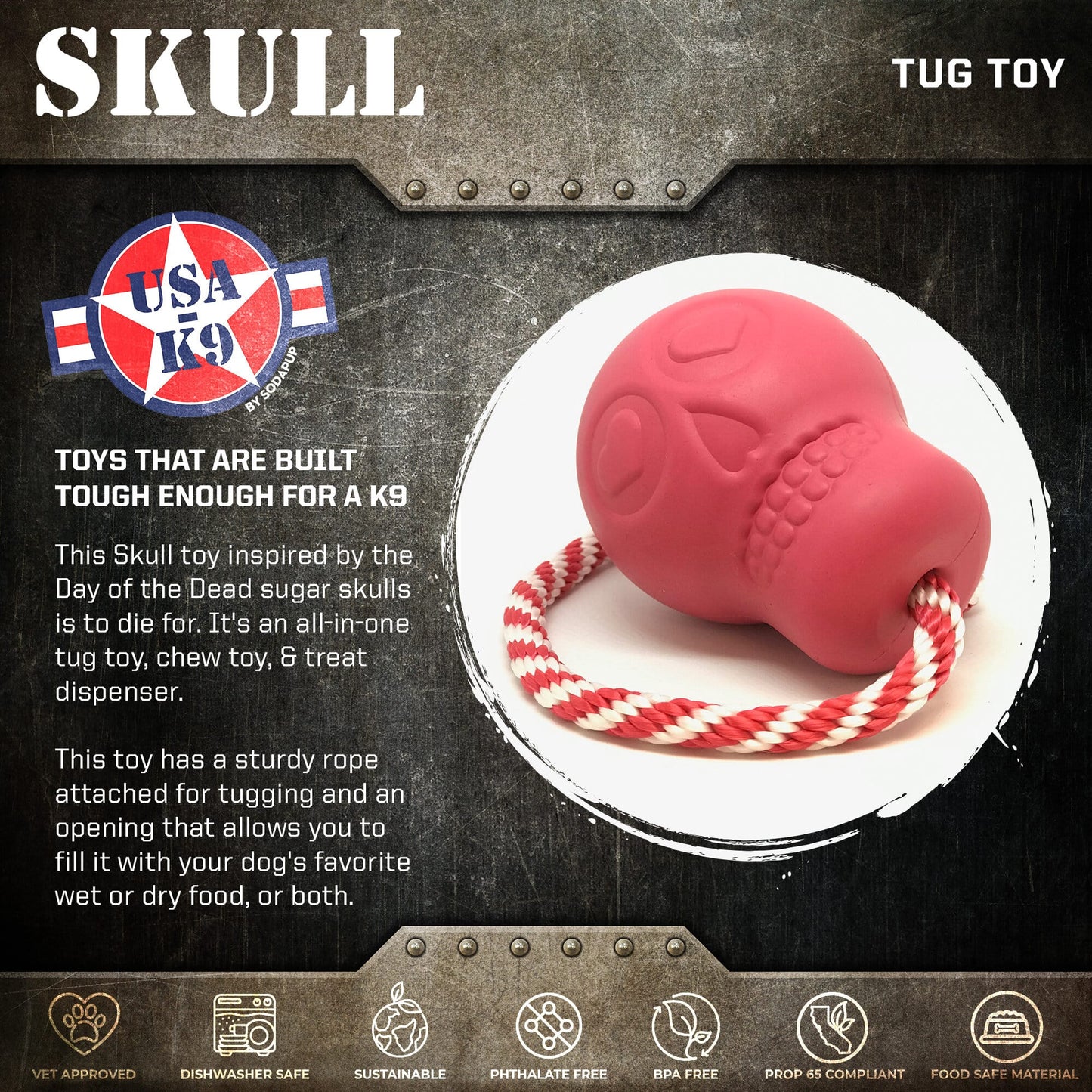 USA K9 Skull Dog Chew Toy Treat Dispenser Made In USA Dog - detail view