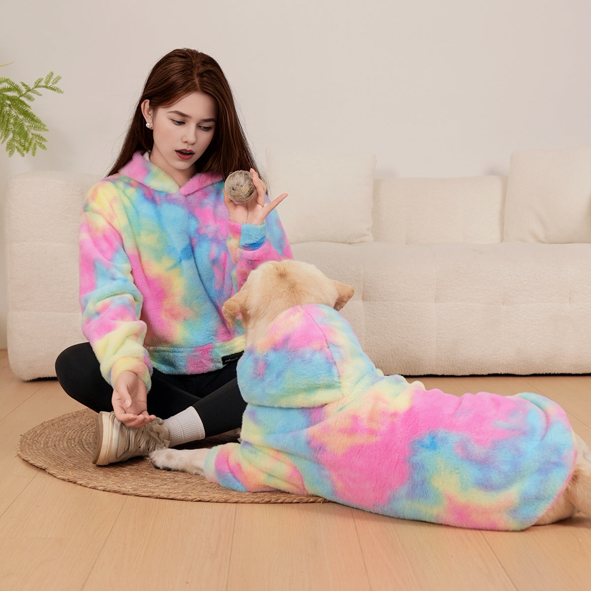 Pet Hoodie Tie Dye Rabbit Fur Rainbow-colored Dog Hoodie - close up view