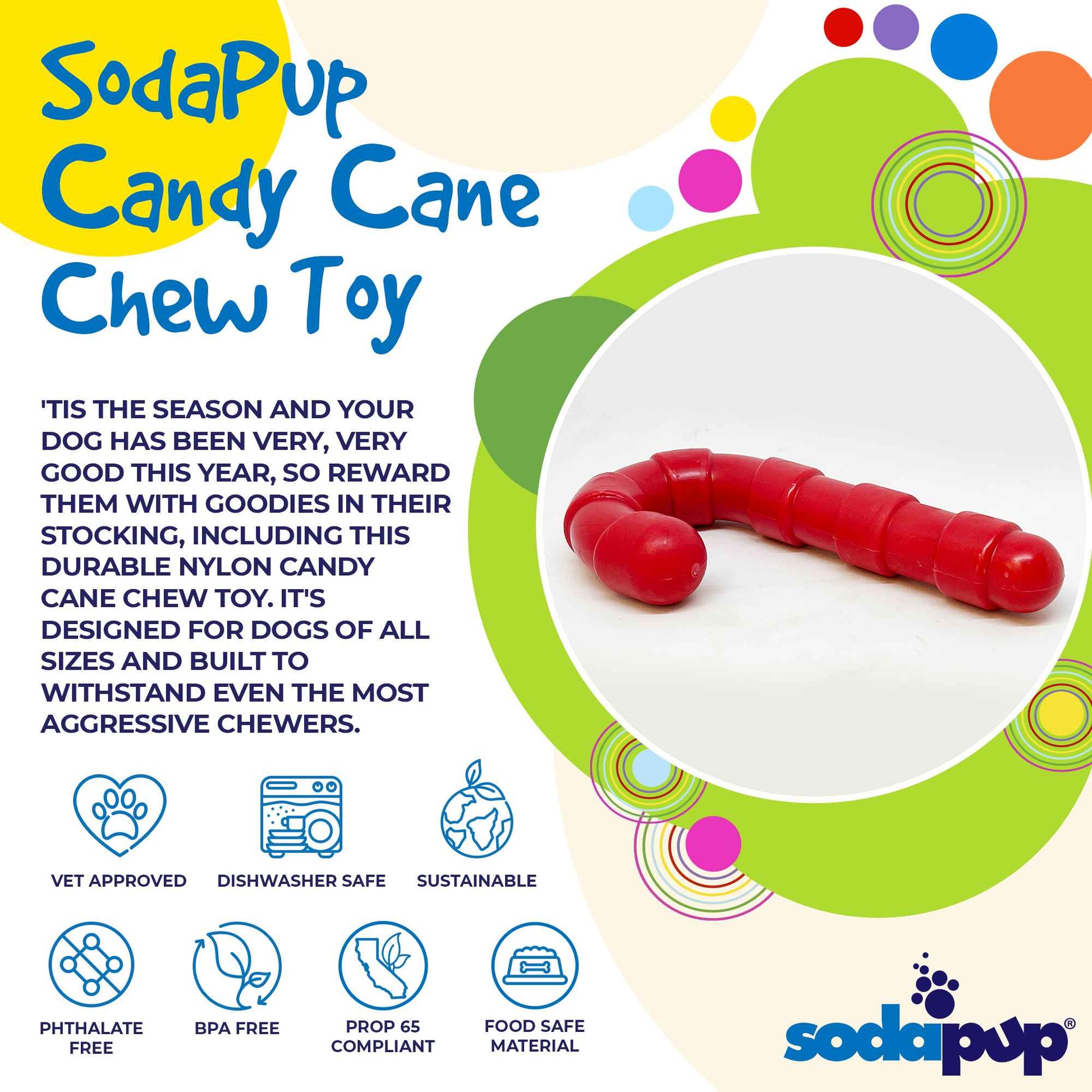 Candy Cane Nylon Dog Toy For Aggressive Chewers USA Made Dog - detail view