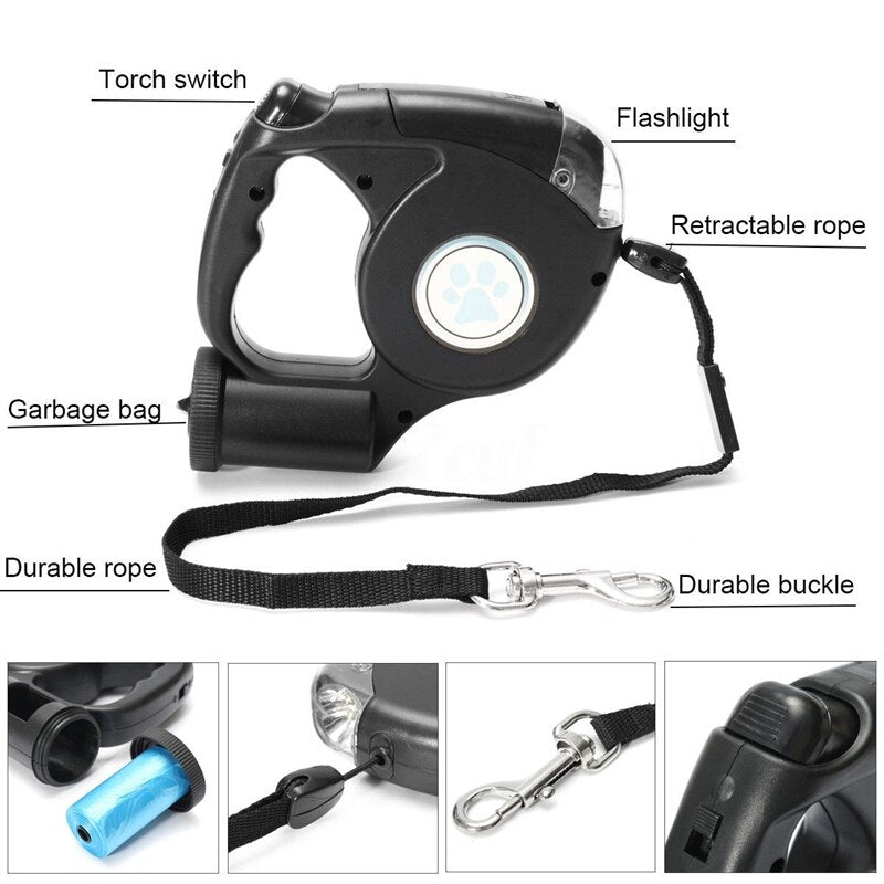 4.5M LED Flashlight Extendable Retractable Pet Dog Lead Leash with Disposable Poop Bag - size and texture view | Dog