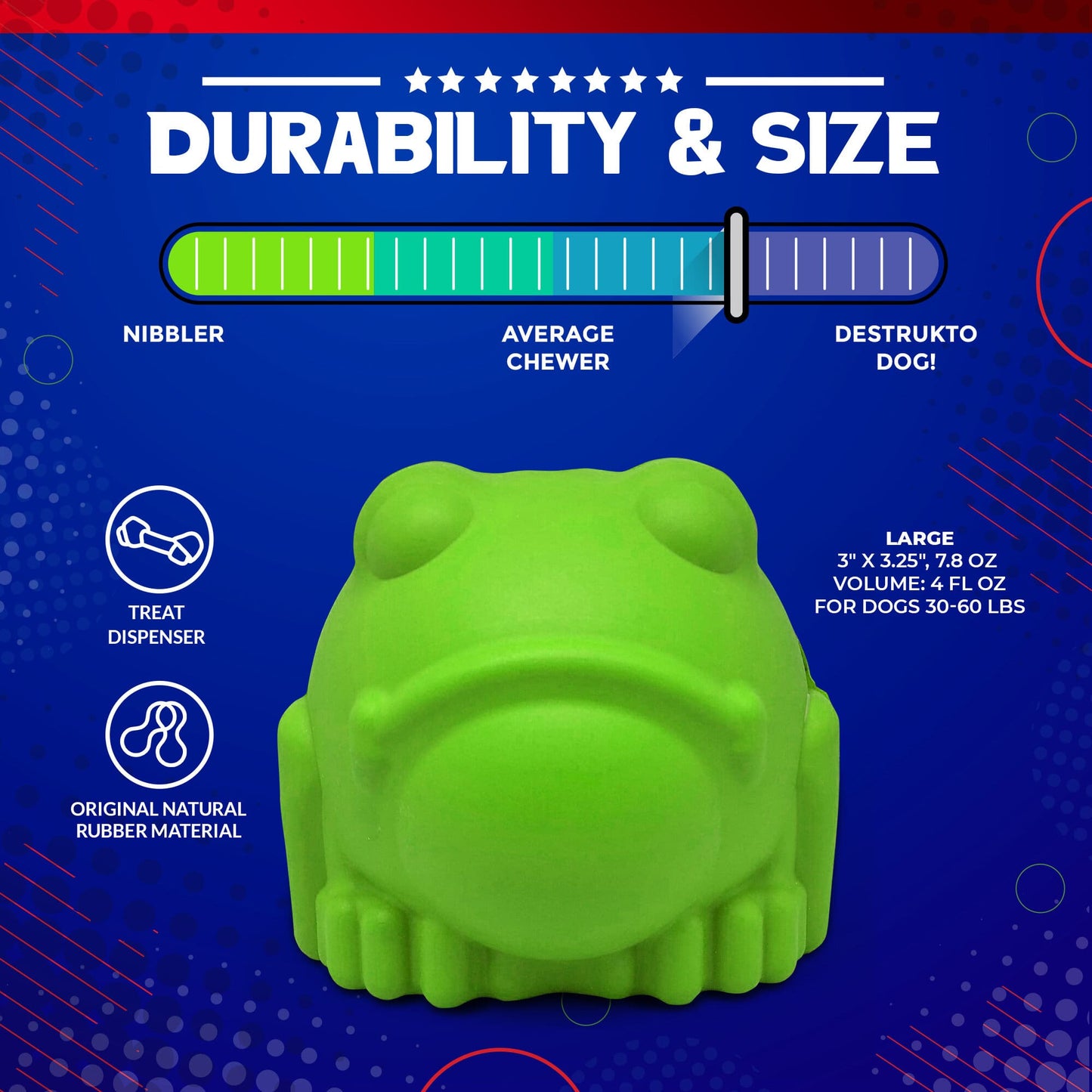 Bull Frog Dog Chew Toy Treat Dispenser USA Made Sodapup Dog - close up view