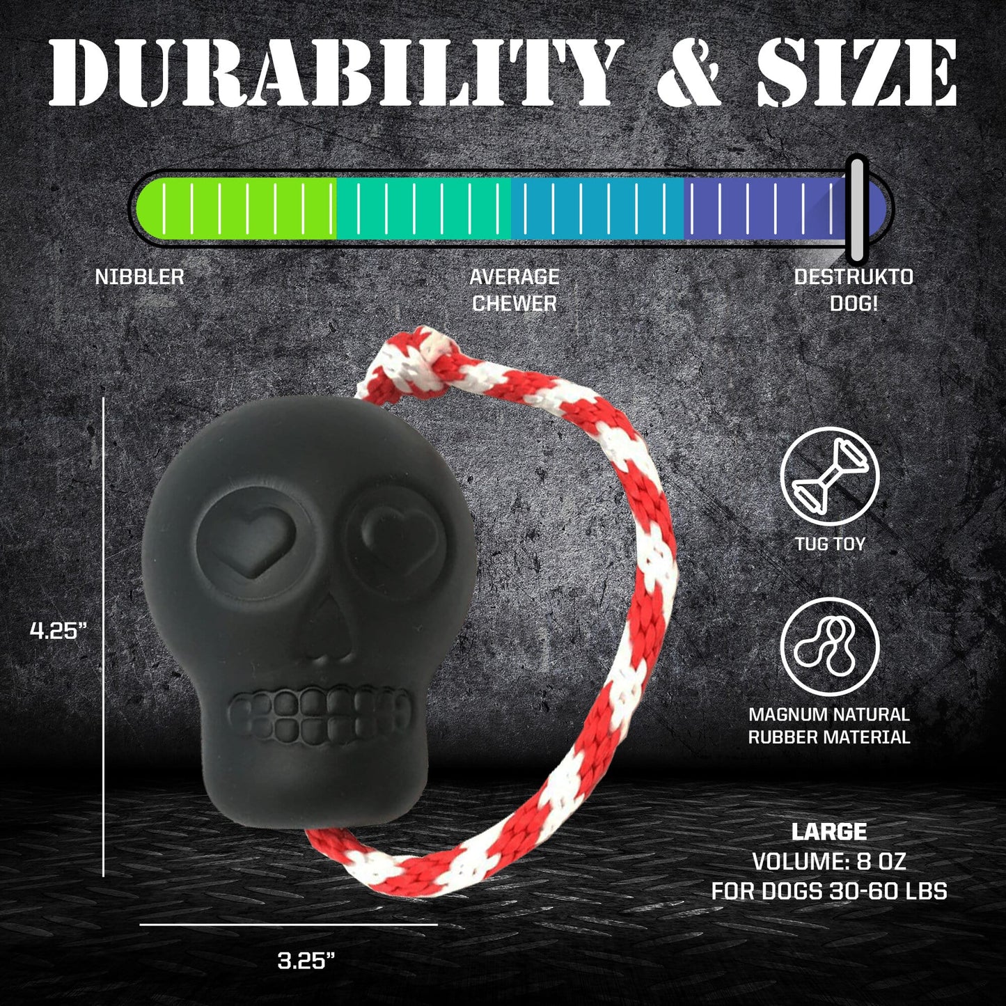 USA K9 Magnum Skull Black Magnum Rubber Chew Toy For Extreme - close up view