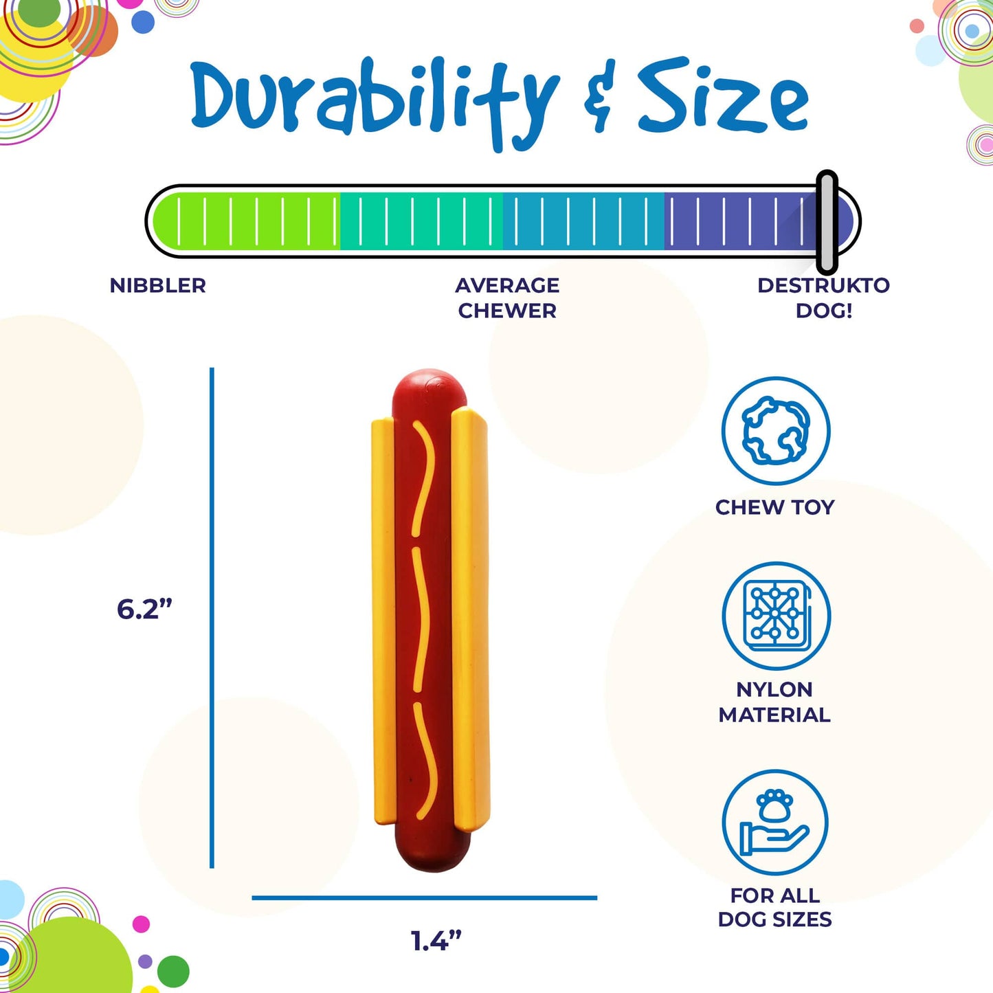 Hot Dog Nylon Dog Toy For Aggressive Chewers USA Made Dog - close up view