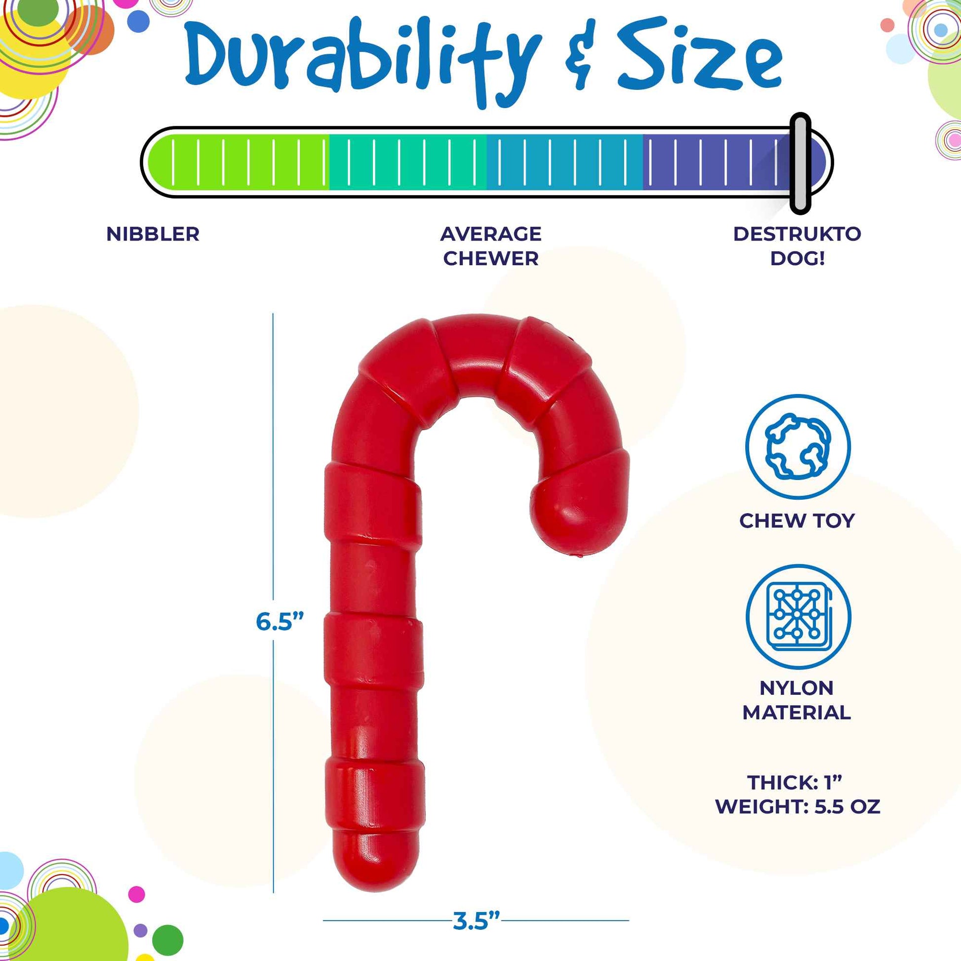 Candy Cane Nylon Dog Toy For Aggressive Chewers USA Made Dog - close up view