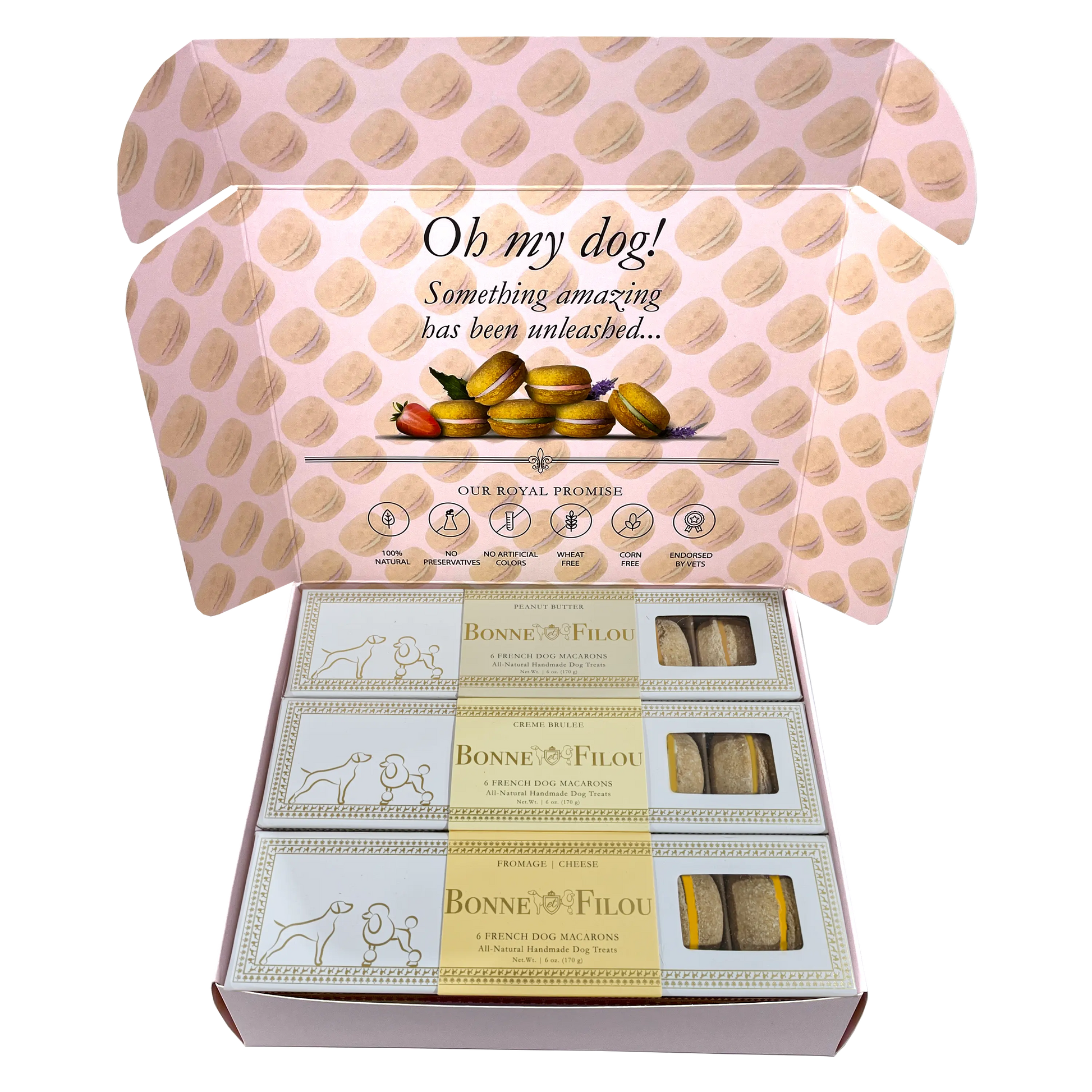 Dog Treats Macaron Combo Gift Box 18 French Macarons Essenti - close up product image for dog treats