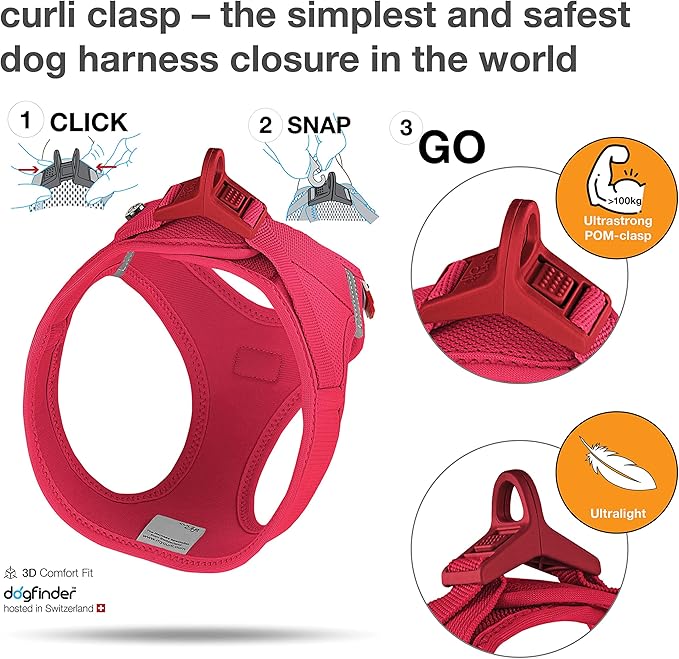 Curli Clasp Red Vest Harness Adjustable Dog Walking Gear - detail view