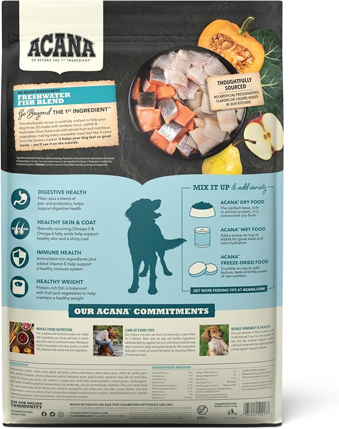 Acana Adult Grain Free Freshwater Fish Dog Food - detail view | Dog Food at Purrfect Pet Kingdom