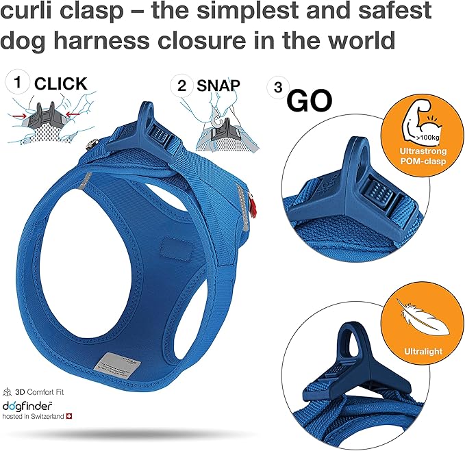 Curli Clasp Vest Blue Harness Adjustable Dog Walking Gear - detail view