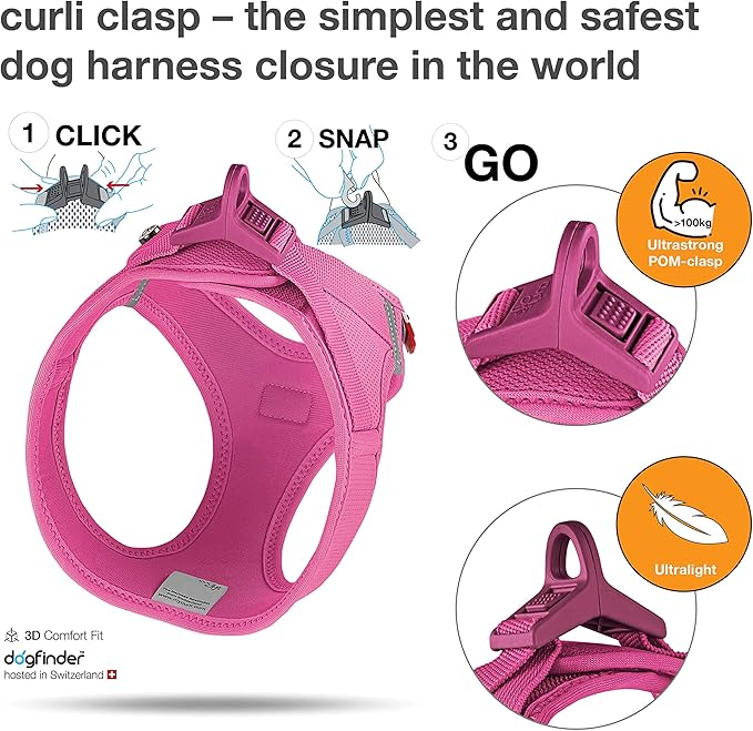 Curli Clasp Vest Fuchsia Harness Adjustable Dog Walking Gear - detail view