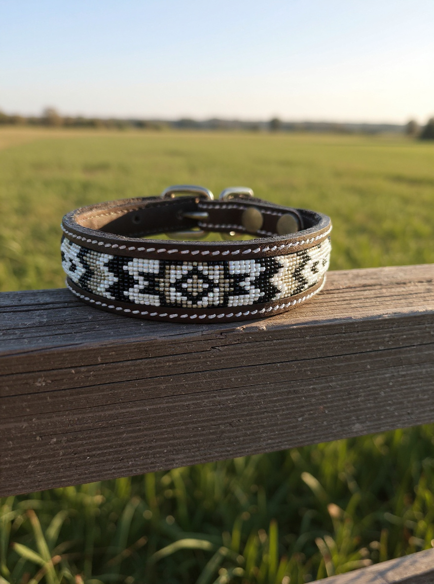 Epic Padded Leather Dog Collar with Beaded Design Dog Collar - detail view
