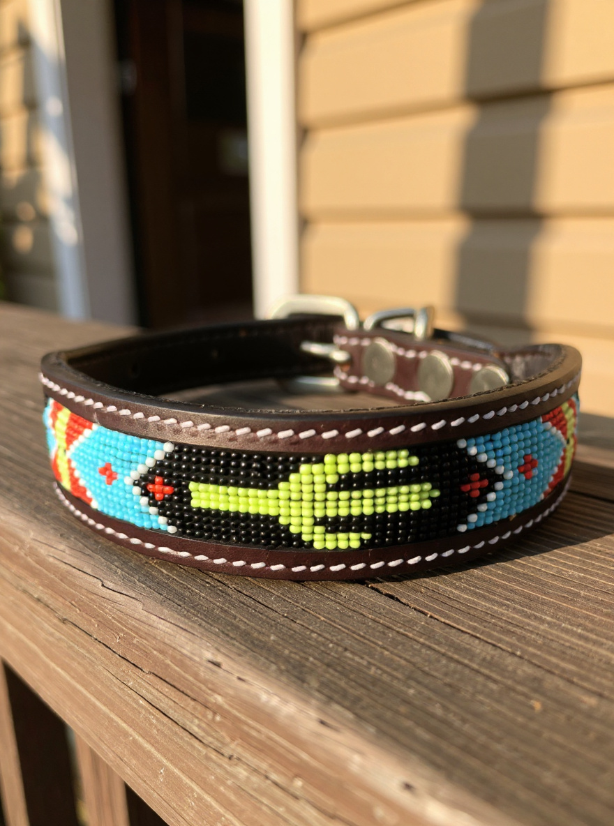 Epic Padded Leather Dog Collar with Cactus Beaded Design - detail view