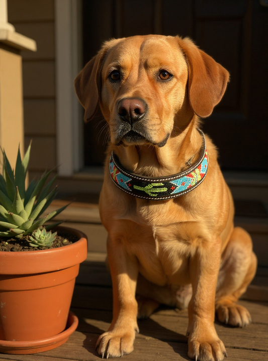 Epic Padded Leather Dog Collar with Cactus Beaded Design - main product image