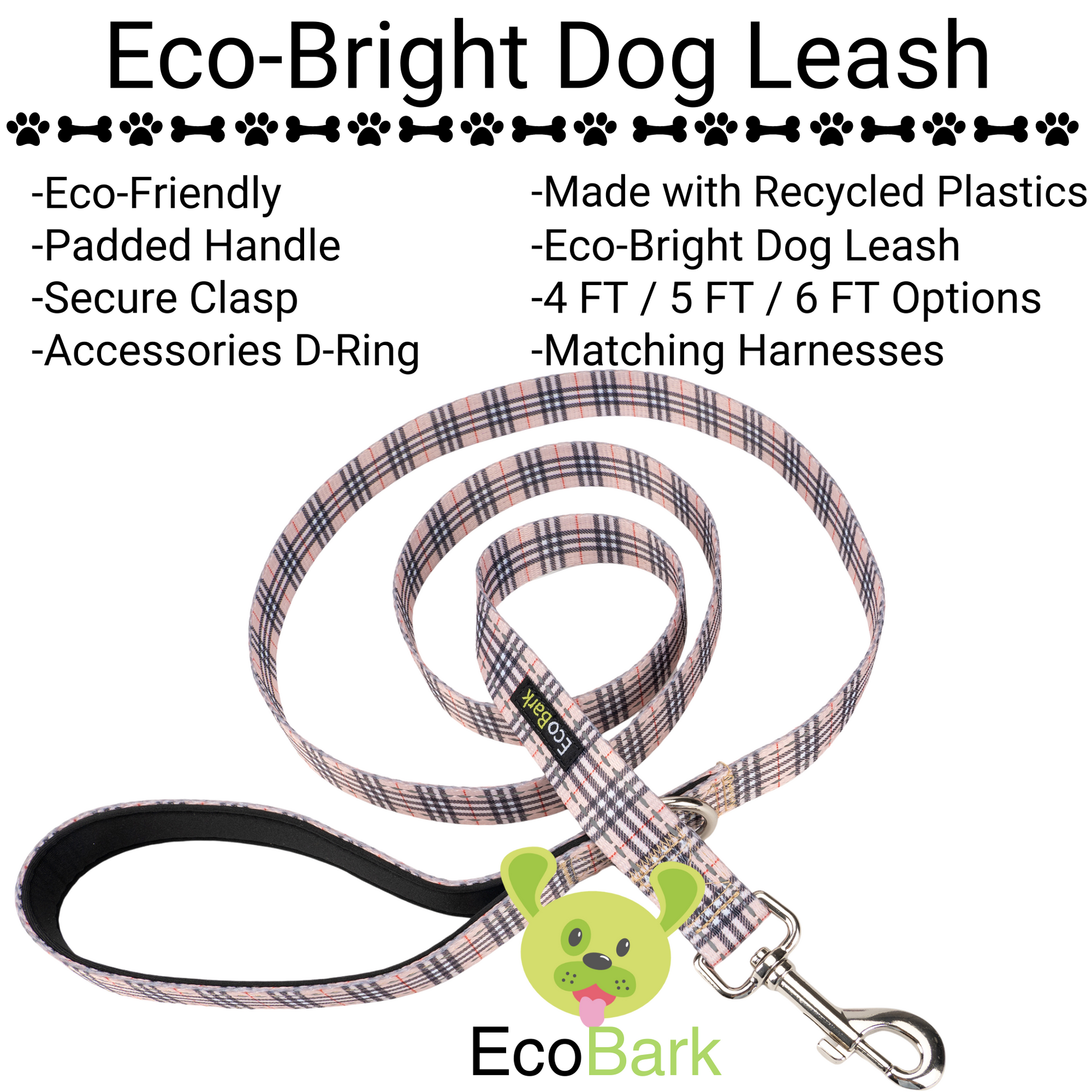 Dog Leash EcoBark Tan Plaid Leash- Padded Comfort Grip Leash - close up product image for dog leash