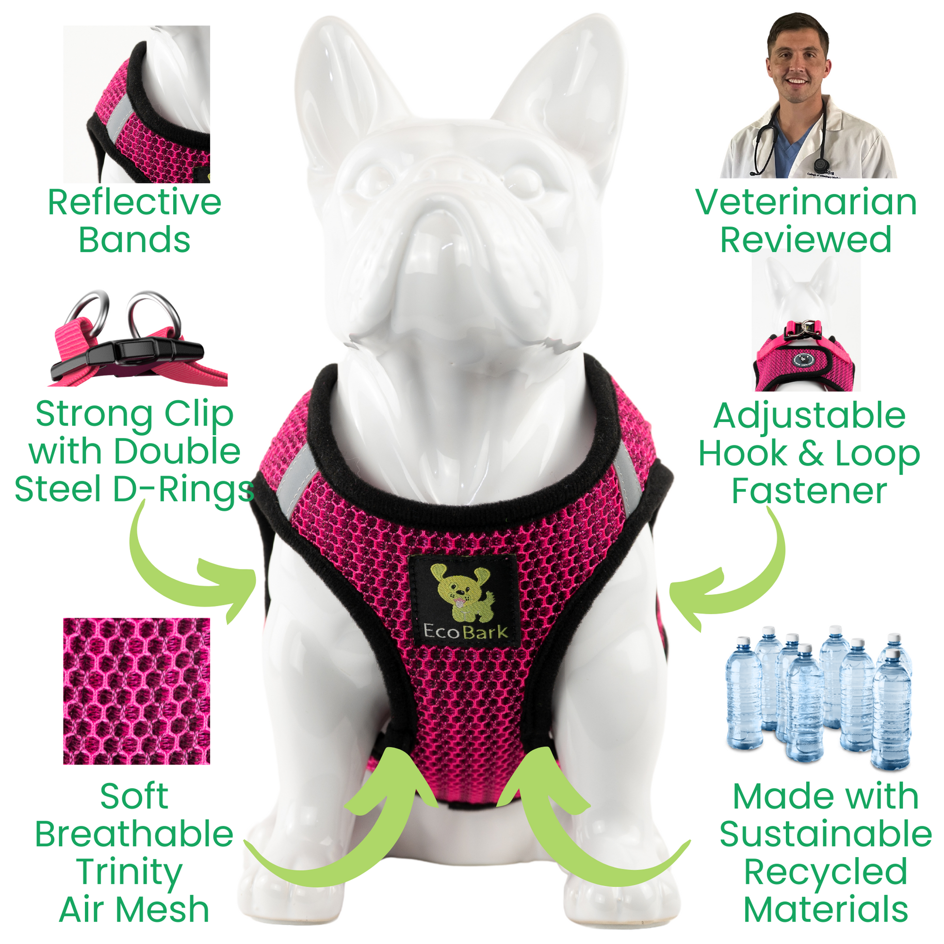 Dog Harness EcoBark Fuchsia Step In Harness Reflective Soft - close up product image for dog harness