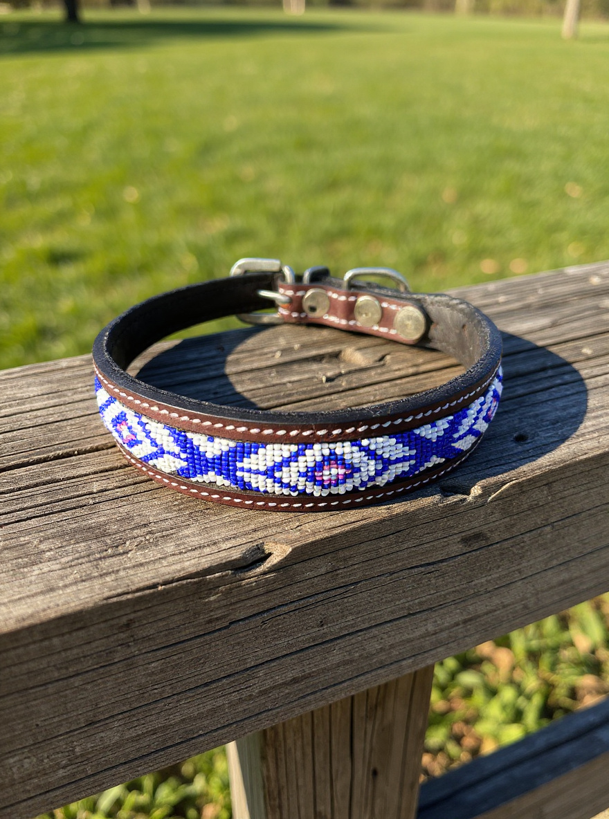 Epic Padded Leather Dog Collar with Beaded Design Dog Collar - detail view