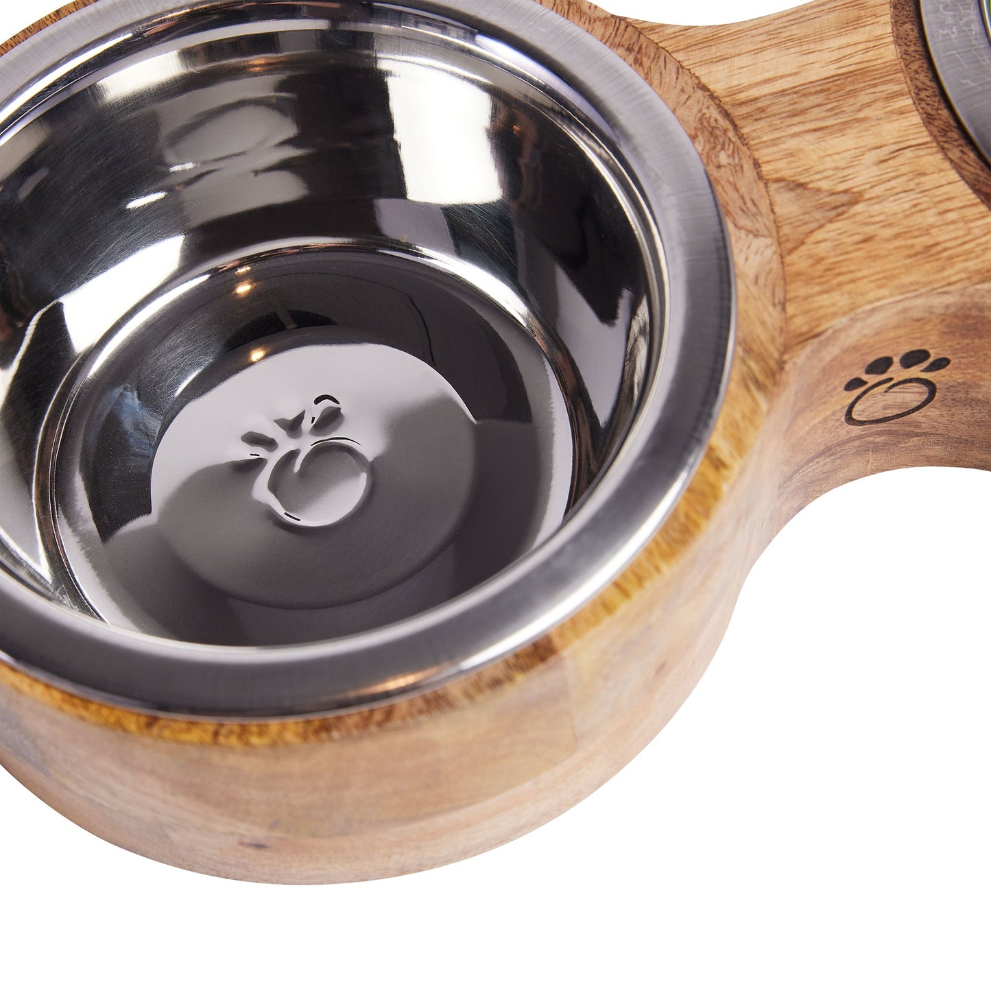 Wood Metal Feeder Double Diner Pet Feeding Hydration Supply - close up view