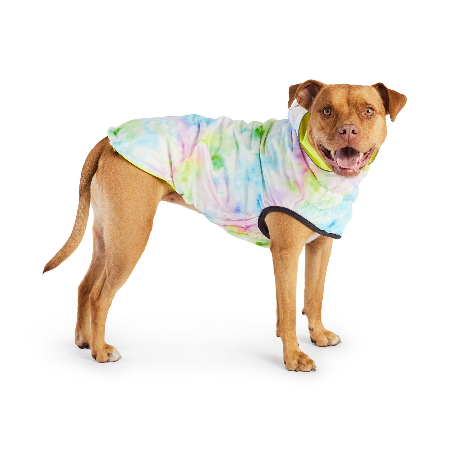 Reversible Raincoat Neon Yellow With Tie Dye Dog Raincoats - close up view